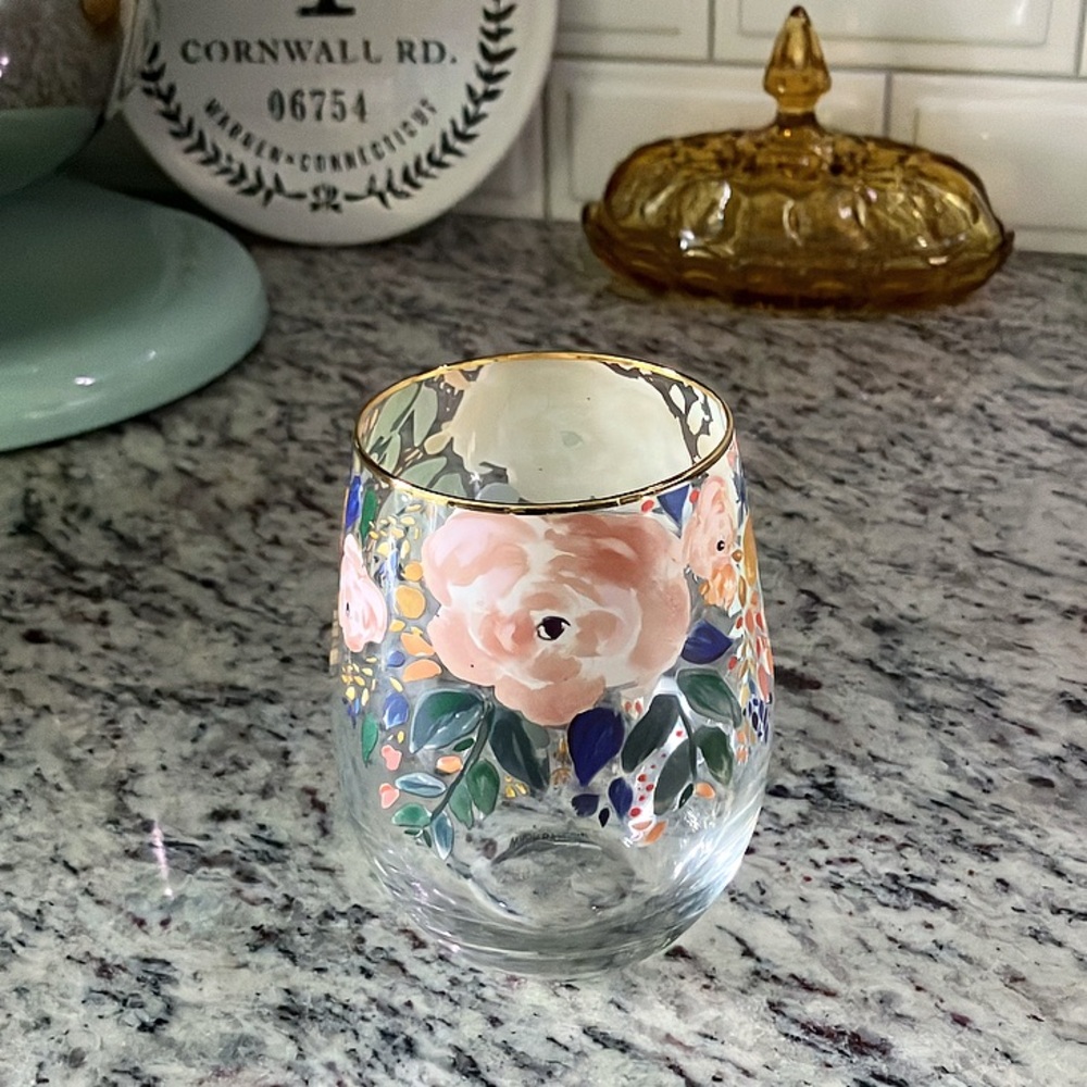 New Mary Square Pink Rose Floral Stemless Wine Glass